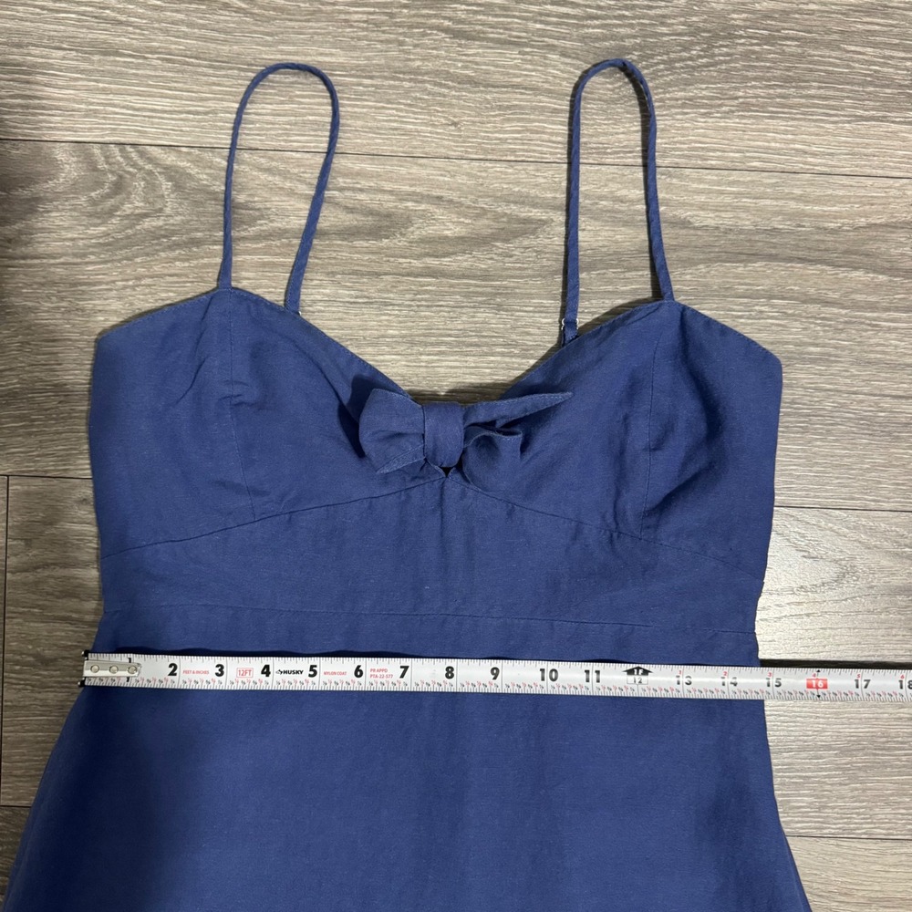 Adeline Cottagecore Blue Linen Blend Midi Dress L Bow Sweetheart Neck Smocked - Picture 9 of 13
